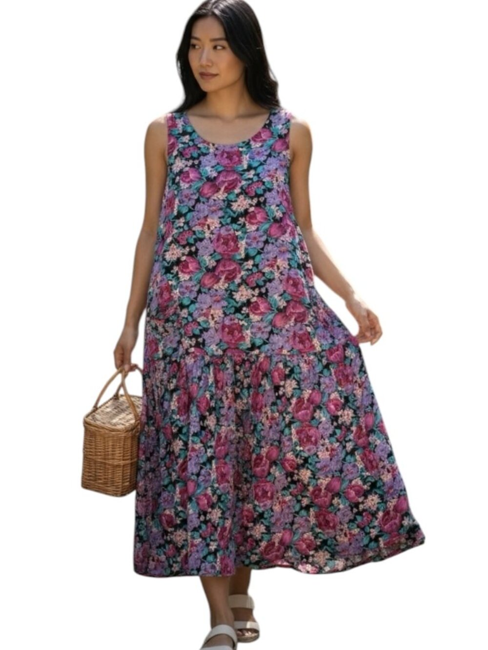 Vintage Floral Dress Womens Medium Rayon Cottagecore Sleeveless Midi